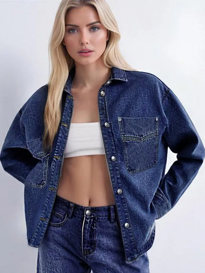 Women's Plain Button Front Drop Shoulder Curved Hem Denim Jacket