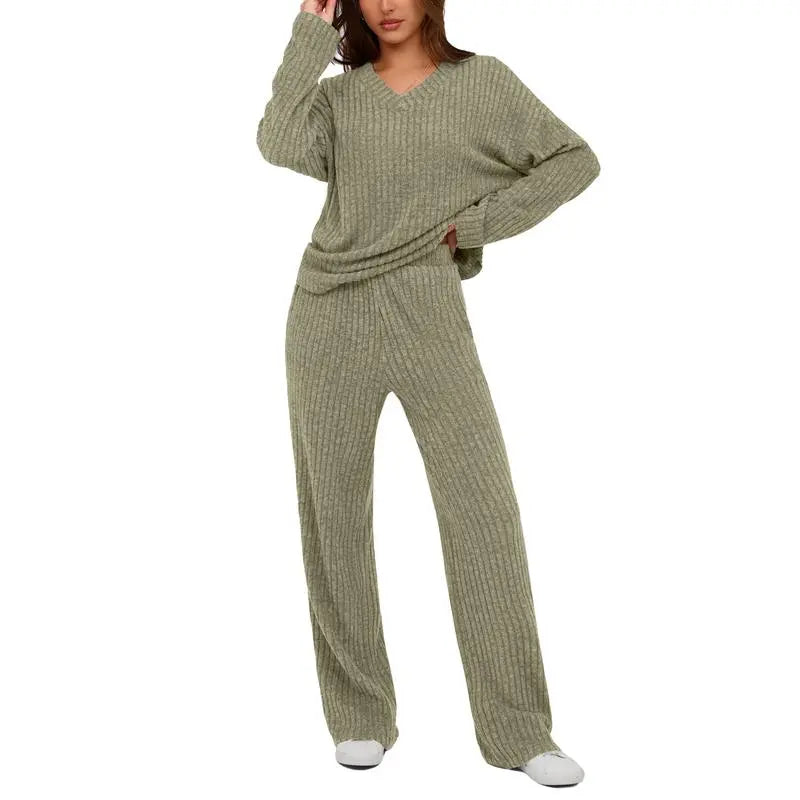 Women's 2 Piece Lounge Sets Ribbed Knit Long Sleeve V Neck Pullover Tops Wide Leg Pants Fall Winter Outfits