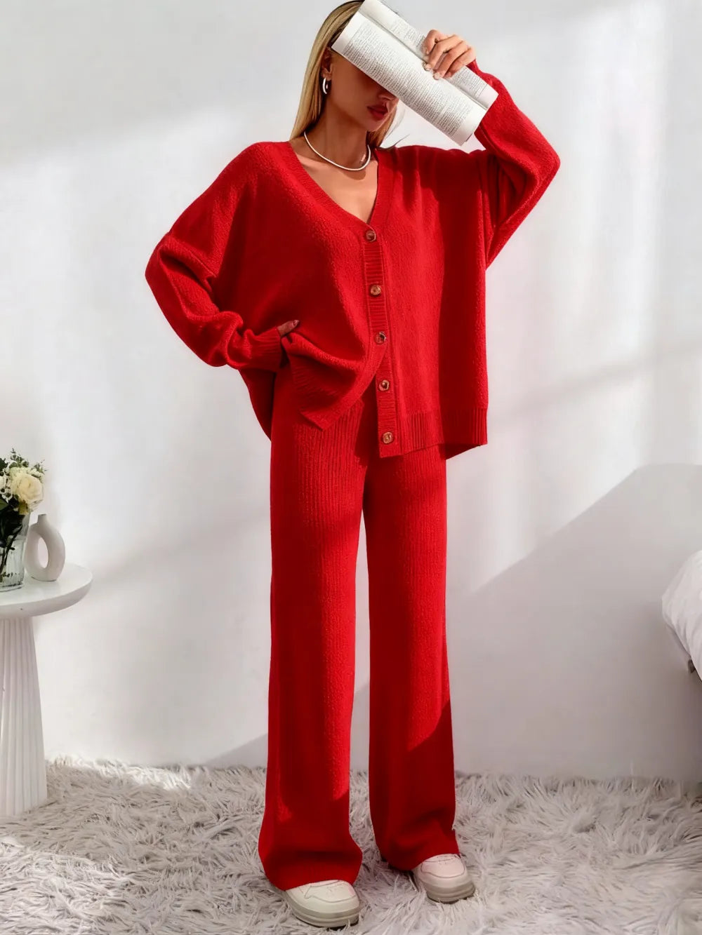 Women's Solid Button Front Drop Shoulder V Neck Cardigan & Elastic Waist Wide Leg