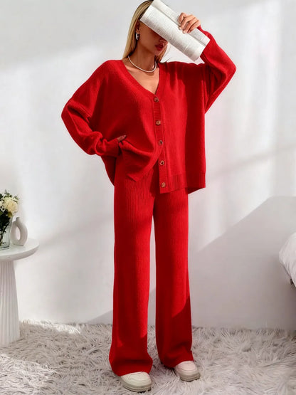 Women's Solid Button Front Drop Shoulder V Neck Cardigan & Elastic Waist Wide Leg