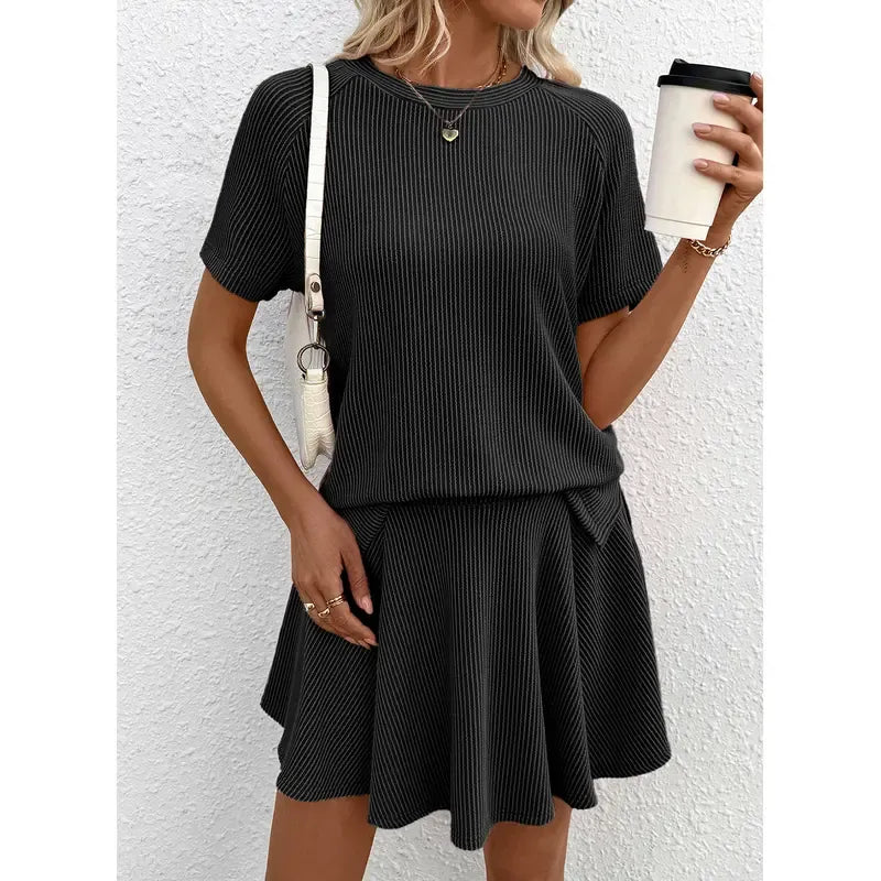 Women's 2 Piece Sets Ribbed Knit Short Sleeve Tops & Lined Pleated Mini Skirt Lounge Sets
