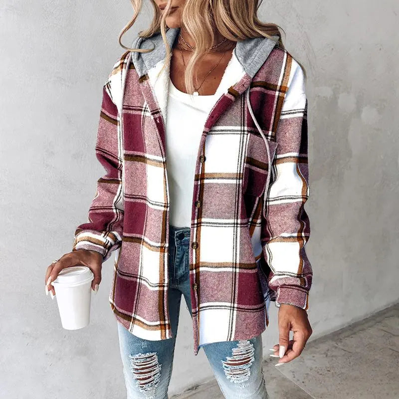Women's Plaid Pattern Long Sleeve Shacket Button Down Fleece Lined Hooded Jackets Warm Coat Casual Womenswear Comfort Outdoor Soft