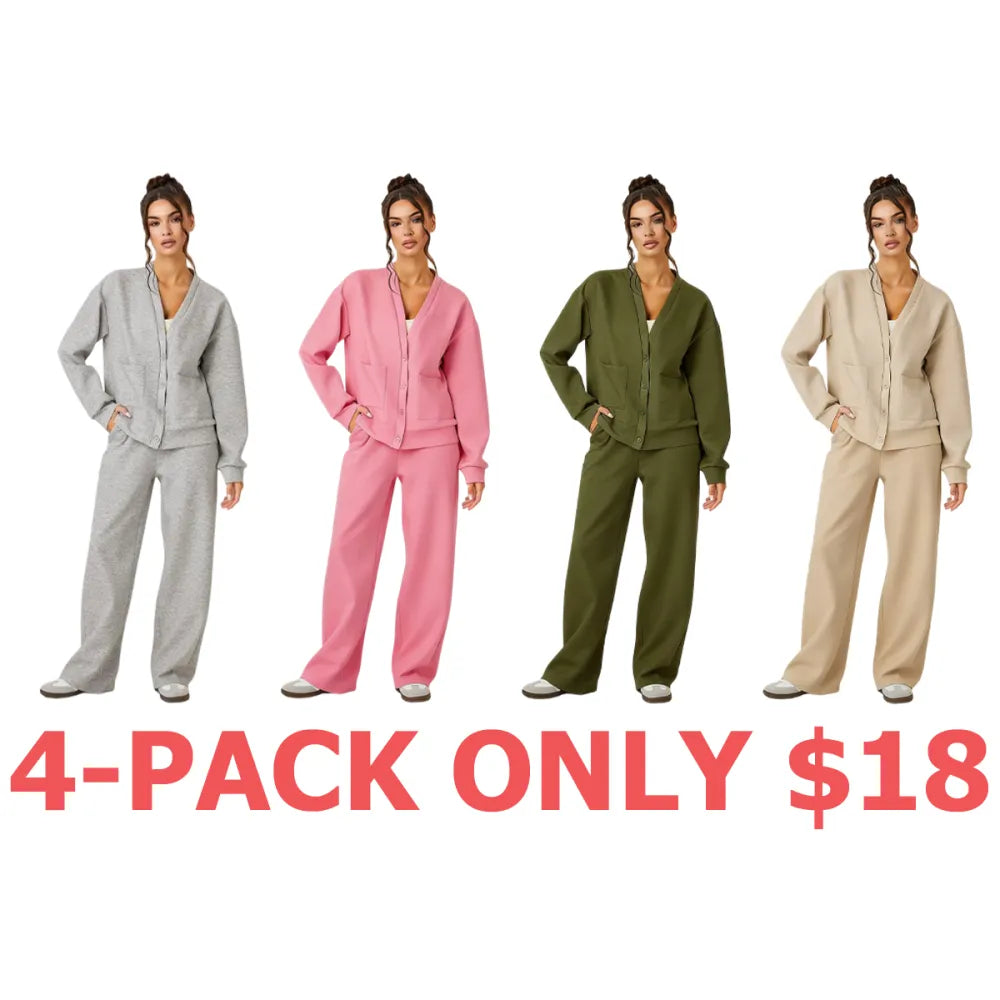 Women's Slouchy Solid Color V Neck Long Sleeve Button Cardigan & Drawstring Waist Trousers Co-ord