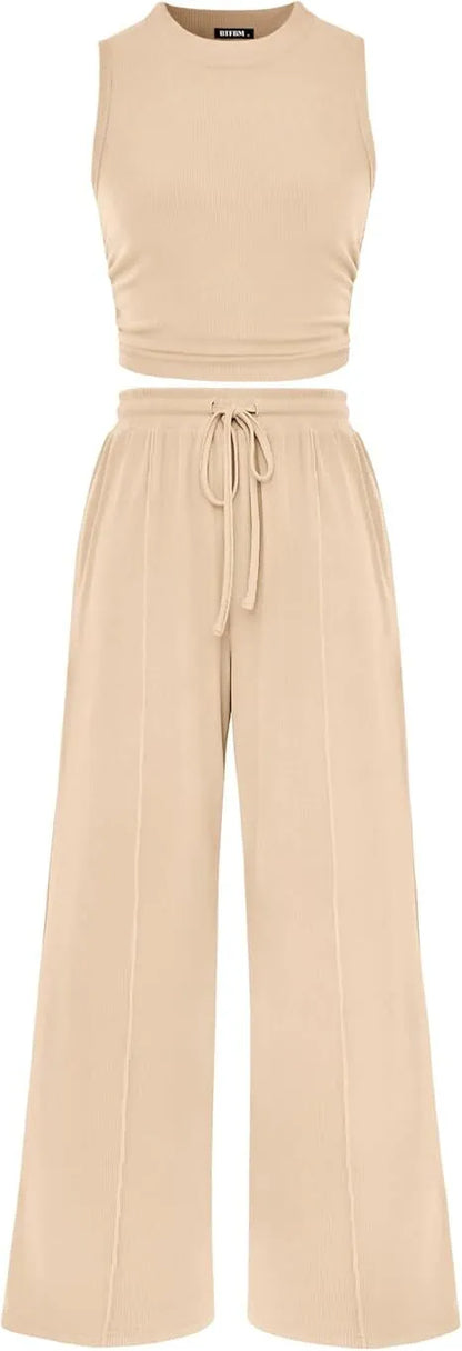 Women Summer 2 Piece Outfits 2026 Beach Crew Neck Sleeveless Cropped Top Elastic Waist Wide Leg Pants Lounge Set