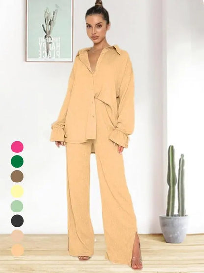 Women's Solid Button Front Shirt & Split Hem Pants Set