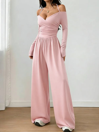 Women's Solid Color Off-Shoulder Ruched Wide Leg Casual Jumpsuit