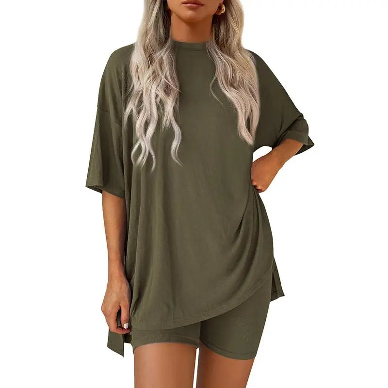 Women's Summer Two-Piece Set 2025 Casual Oversized Crewneck Split Hem Shirts & Side Pocket Biker Shorts Minimalist Lounge Wear Soft Viscose Fabric Comfy Homewear Cozy Pjs