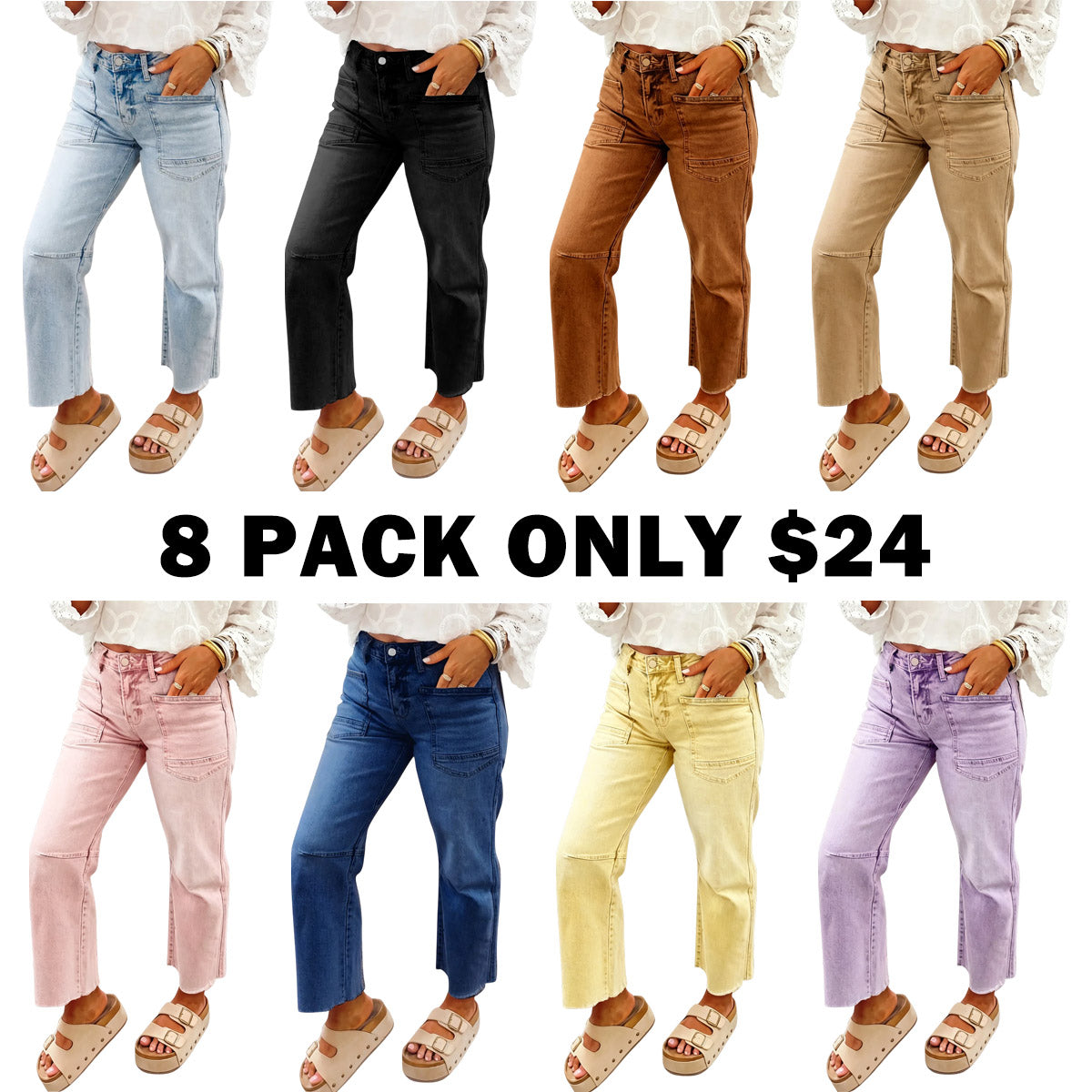 Women's Frayed Cropped Straight Jeans with Pockets