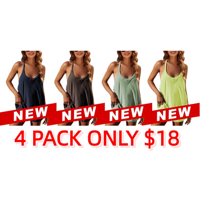 Women's Athletic Sleeveless Mini Dress with Built-in Shorts Summer V Neck Spaghetti Strap Short