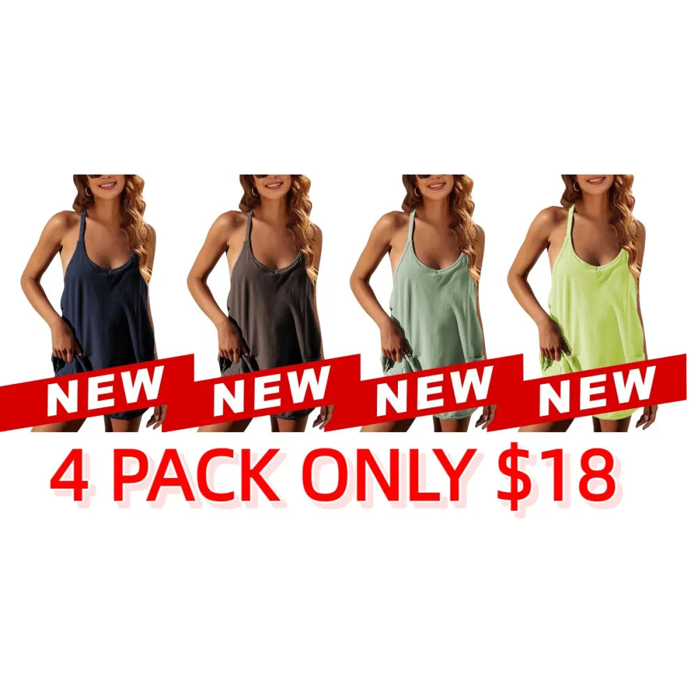 Women's Athletic Sleeveless Mini Dress with Built-in Shorts Summer V Neck Spaghetti Strap Short