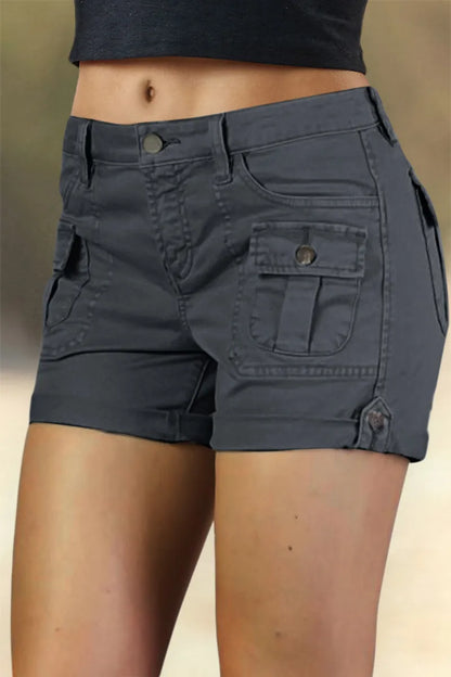 Flap Pocket Roll Tab Hem Mid Waist Shorts