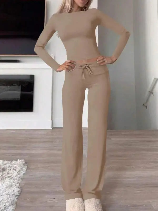 Women's Solid Long Sleeve Crop Top & Drawstring Waist Straight Leg Pants Loungewear Set