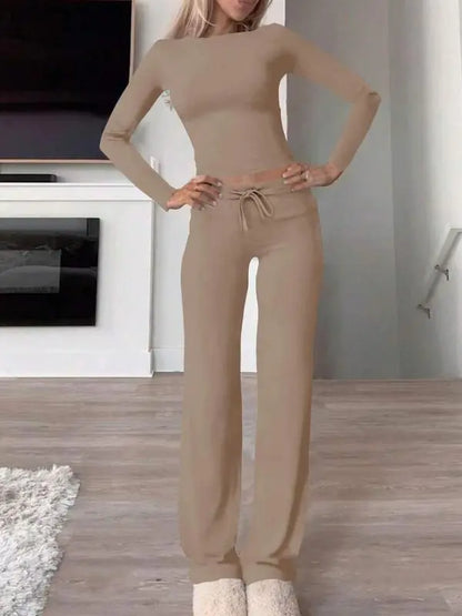Women's Solid Long Sleeve Crop Top & Drawstring Waist Straight Leg Pants Loungewear Set