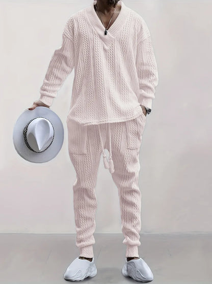 Mens V Neck Sweatshirt Jacquard Tracksuit 2 Piece Men Baggy Sweatsuit Sets Men's Jogging Tracksuit Set Outfit for Men