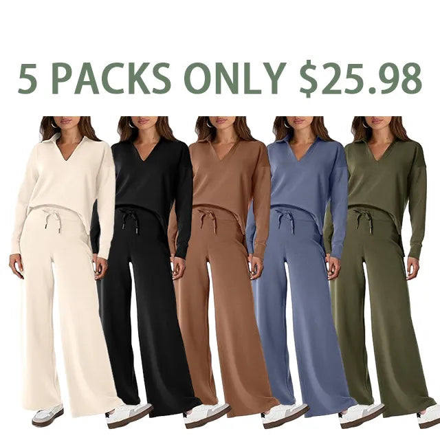 Women's 2 Piece Sets Outfits Casual Long Sleeve Sweatsuits Polo Top and Wide Leg Pants Matching Sets