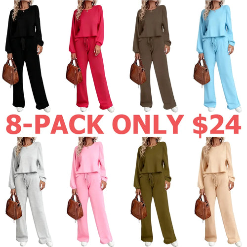 Womens Fall Winter Casual Solid Knitted 2 Piece Sets Long Sleeve Hoodie