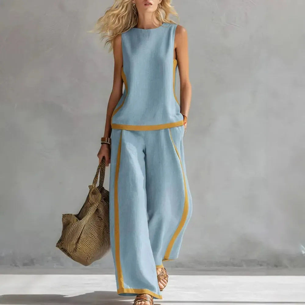 Linen Blend Women Sleeveless Color Block Top Wide Leg Pants Set