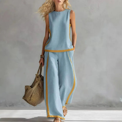 Linen Blend Women Sleeveless Color Block Top Wide Leg Pants Set