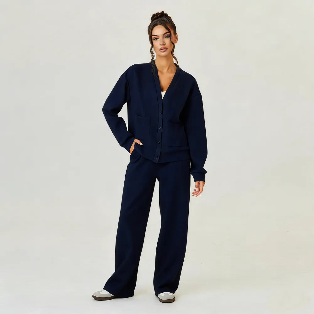 Women's Slouchy Solid Color V Neck Long Sleeve Button Cardigan & Drawstring Waist Trousers Co-ord