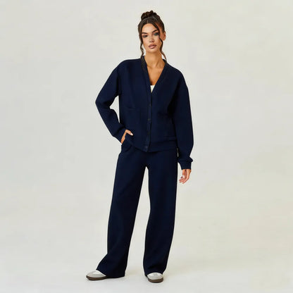 Women's Slouchy Solid Color V Neck Long Sleeve Button Cardigan & Drawstring Waist Trousers Co-ord