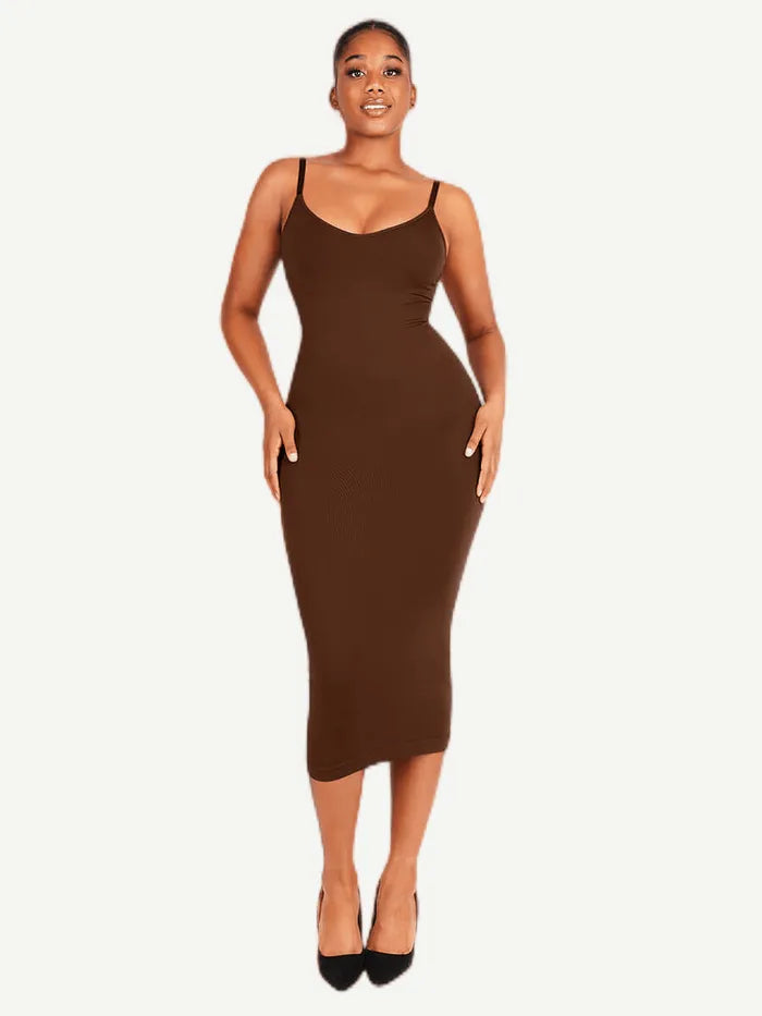 Seamless Spaghetti Strap V Neck Maxi Dress with Built-in Bodycon