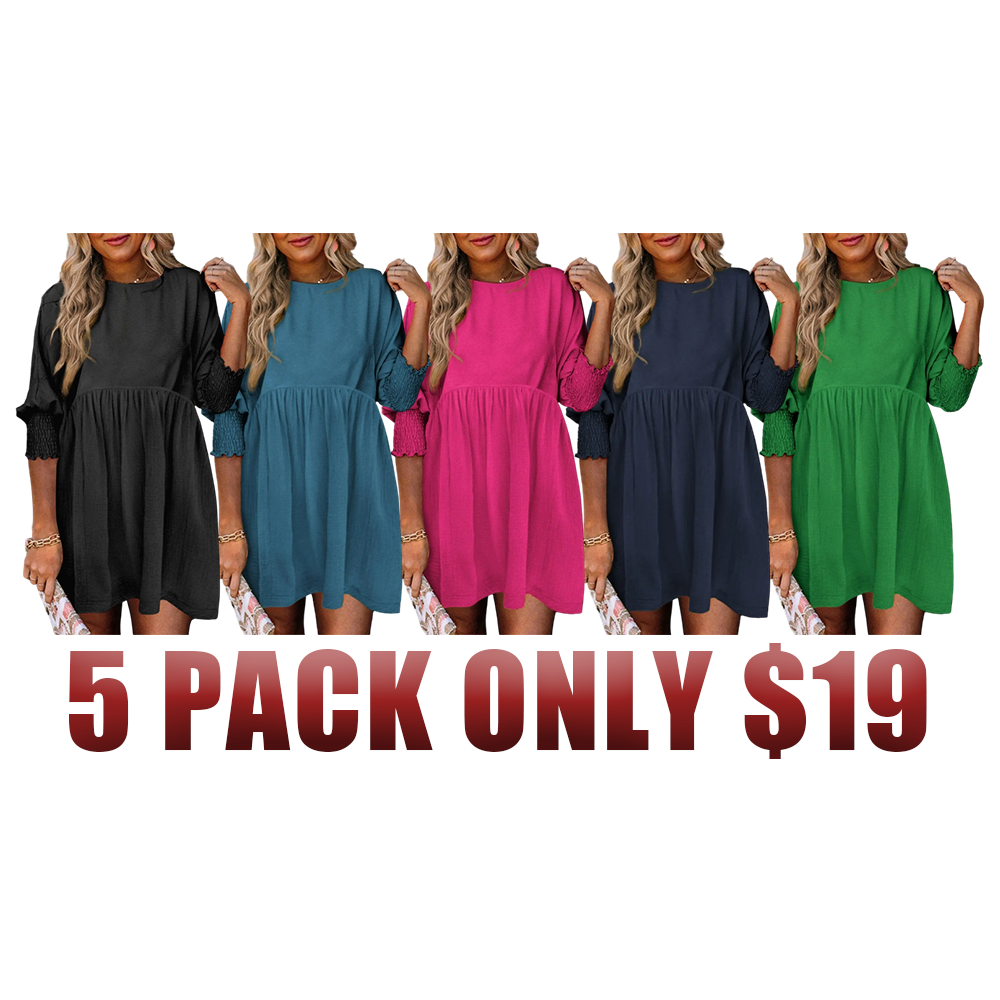 Women's Black Crew Neck Short Sleeve Flowy Swing Mini Tunic Dress