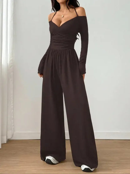 Women's Solid Color Off-Shoulder Ruched Wide Leg Casual Jumpsuit