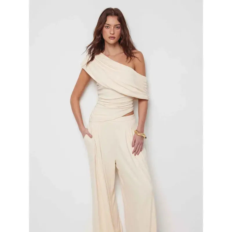 🎉Hot Sale🔥-Women'S One-Shoulder Wide-Leg Pants Suit