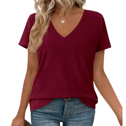 Women's Casual V-Neck Oversized Short Sleeve Loose Basic Tees