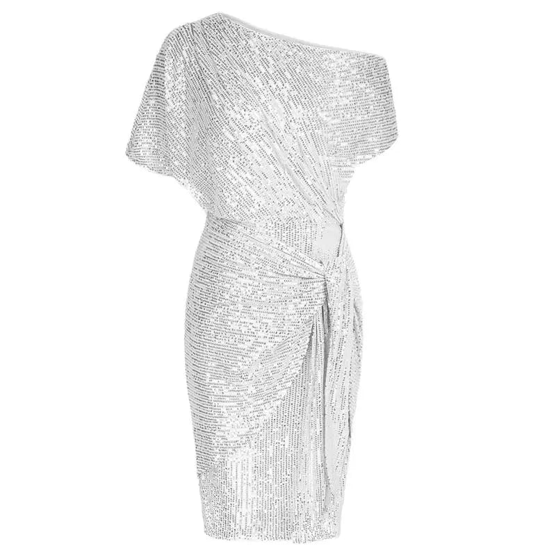 Women Sequined Party Dress Short Sleeve Asymmetric Off Shoulder Bodycon Dress
