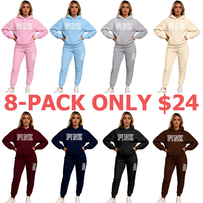 Women's Pink Print Hoodie And Drawstring Track Pants Set, Casual Sportswear, Long-Sleeved Hooded Jacket And Pants, Suitable For Autumn And Winter, Everyday Wear, Indoor And Outdoor Sportswear, Casual Sportswear.