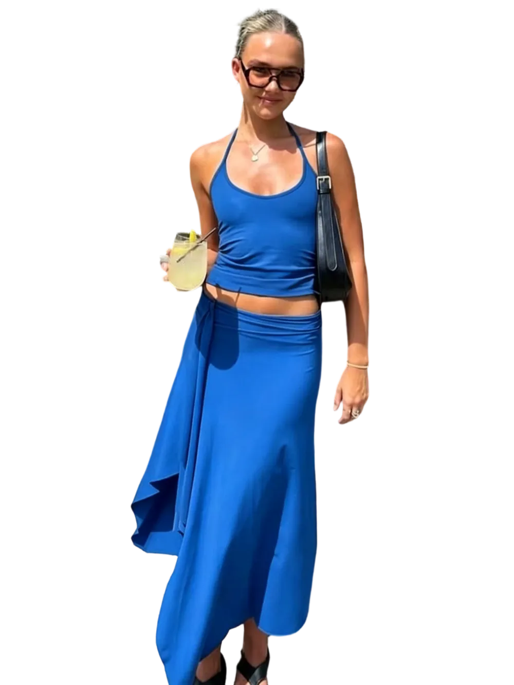 Solid-Color Sleeveless Backless Tie-Strap Camisole and Slim-Fit Side-Slit Maxi Skirt Two-Piece Set