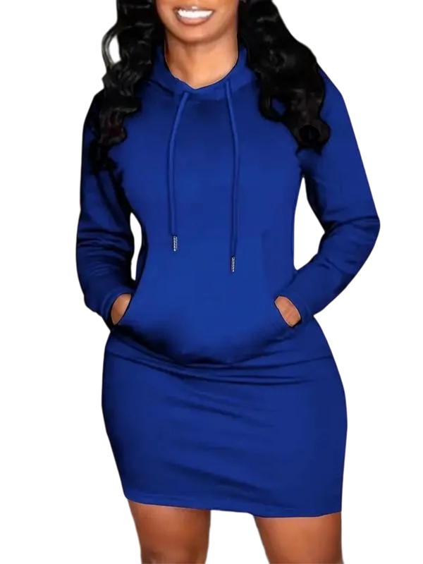 Women's Solid Drawstring Hooded Sweatshirt Dress