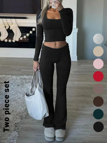 Solid Color Square Neck Crop Tee & Flare Leg Pants Two-Piece Set