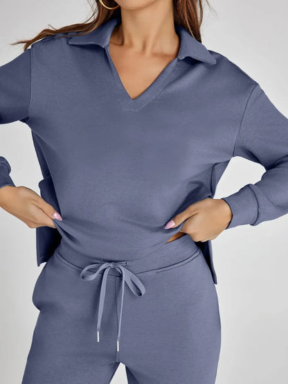 Women's 2 Piece Sets Outfits Casual Long Sleeve Sweatsuits Polo Top and Wide Leg Pants Matching Sets