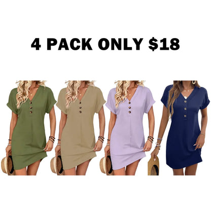 Women's Plain Button V Neck Tee Dress