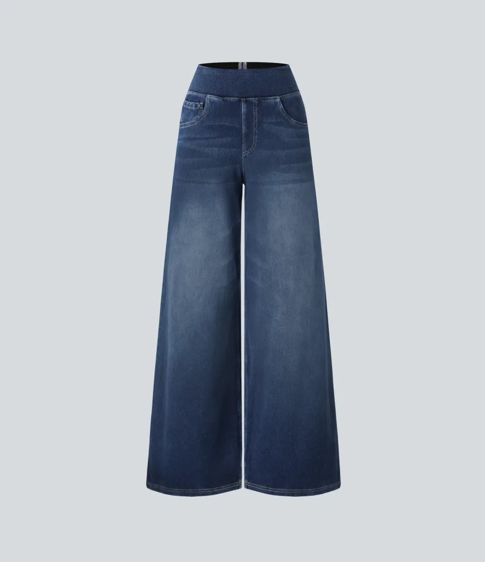 💝Last Day Promotion⚡High Waisted Multiple Pockets Baggy Wide Leg Washed Stretchy Knit Casual Jeans
