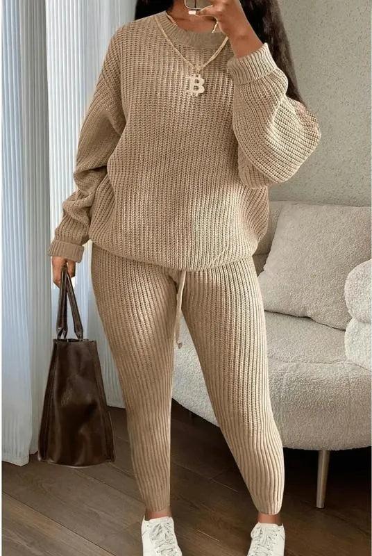 Women's Solid Drop Shoulder Long Sleeve Sweater & Drawstring Waist Pants Set