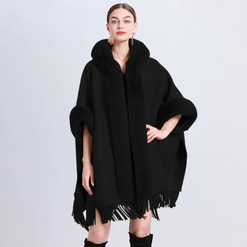 Women's Poncho With a Hoodie and Fringes