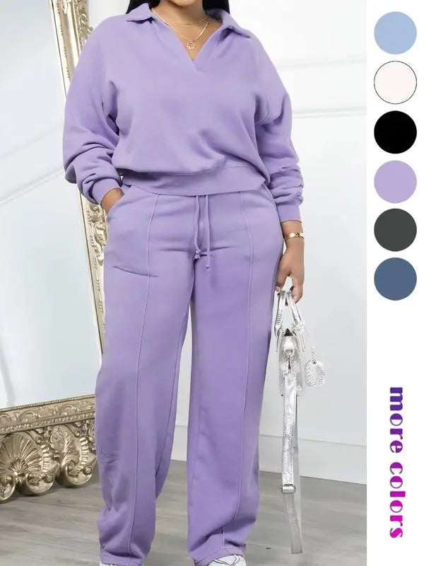 Women's Solid Long Sleeve Sweatshirt & Drawstring Waist Pants Set, Casual Fashion