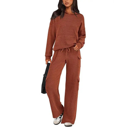 Womens Fall Outfit 2-Piece Knitted Sets Hoodie Tracksuits Wide Leg Pants With Pocket And DrawString Long Sleeve Hooded Kangoroo Pocket Tops Knitwear Sporty Loungwear, Womenswear Travel Outfit