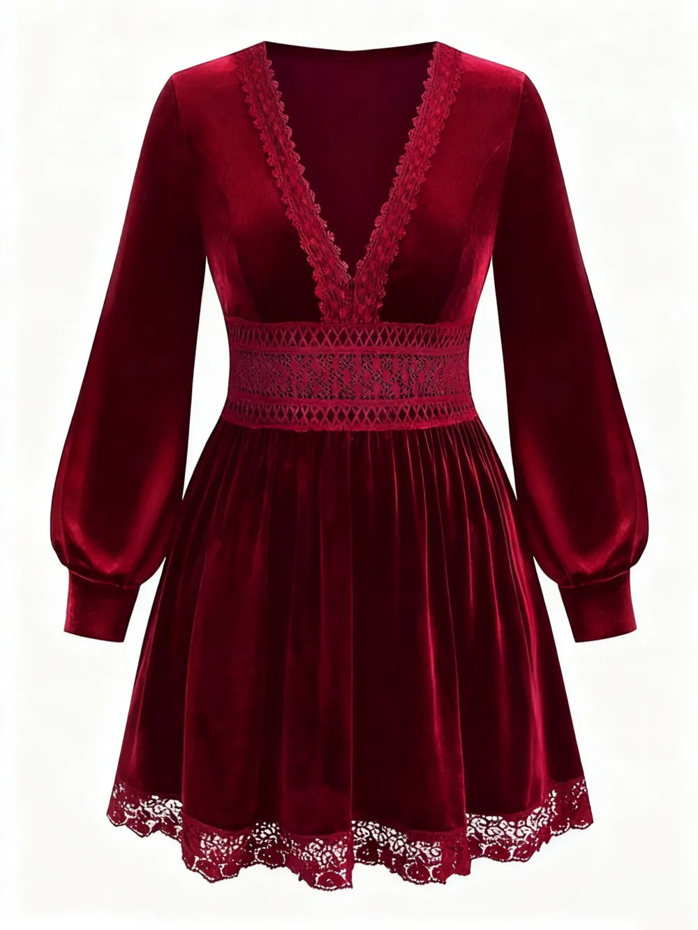 Velvet Lace Patchwork Lantern Sleeve Long Dress