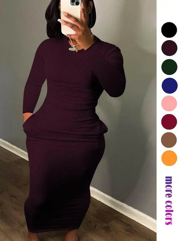 Women's Solid Pocket Long Sleeve Bodycon Dress