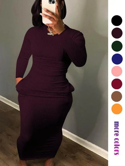Women's Solid Pocket Long Sleeve Bodycon Dress