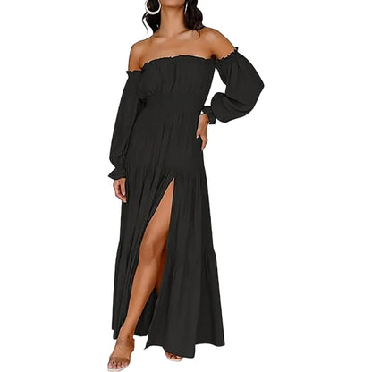 Women's Boho Off Shoulder Long Sleeve High Waist Side Split Long Maxi Dress