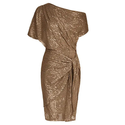 Women Sequined Party Dress Short Sleeve Asymmetric Off Shoulder Bodycon Dress