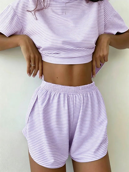 Women's Striped Print Drop Shoulder Tee & Wrap Split Shorts Pyjama Set