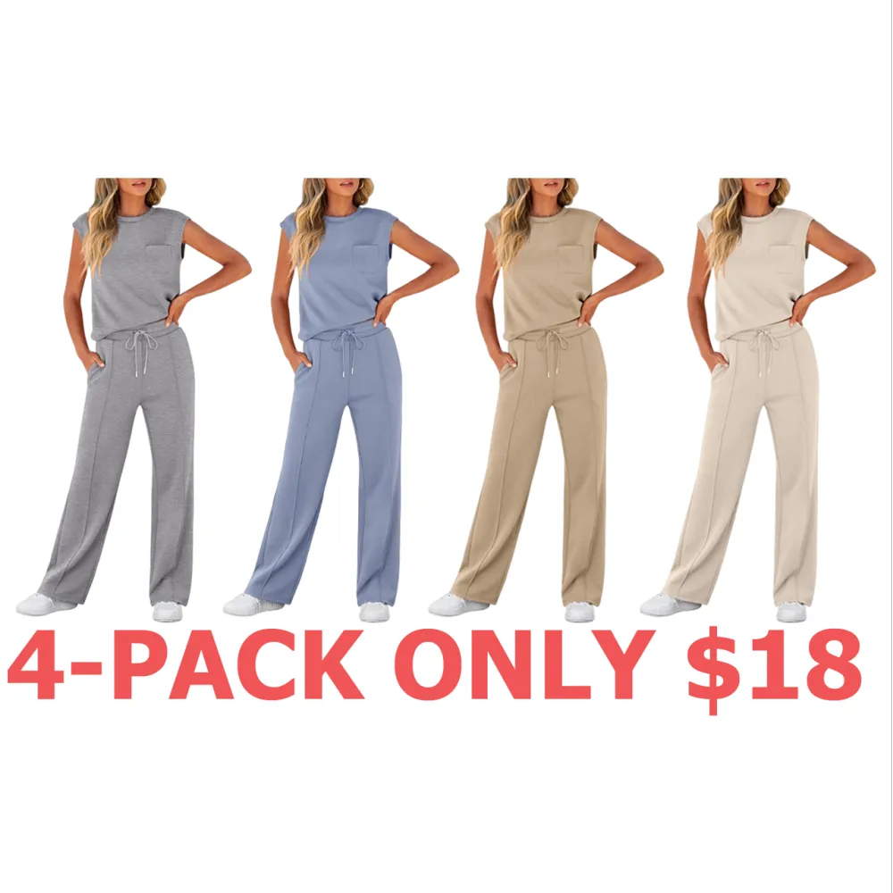 Women's Summer 2 Piece Outfits Casual Sleeveless Sweatsuits Matching Wide Leg Tracksuits Lounge Sets Women Basic Vacation Outdoor Outfit Sets Womenswear