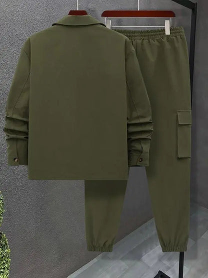 Men's Solid Color Pocket Button Front Shirt & Pants Two-Piece Set