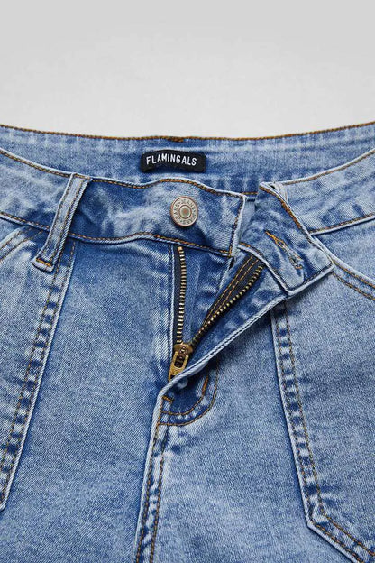 Wash Raw Hem Flap Pocket Wide Leg Low Rise Jeans